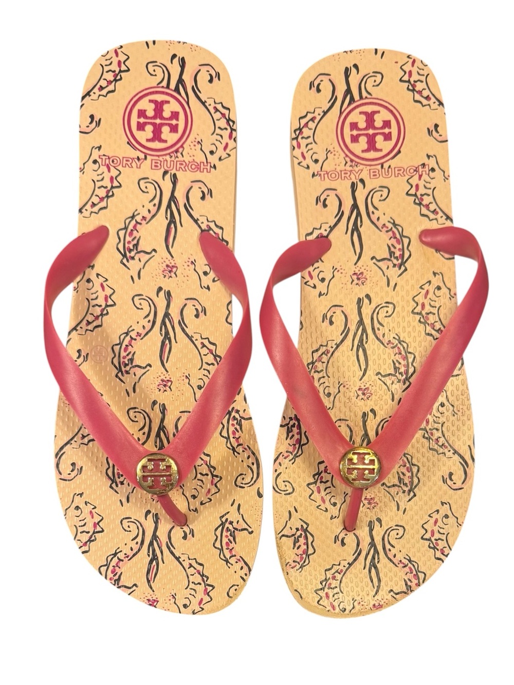 Tory Burch Cream Pink Seahorse Gold Logo Flip Flop Sandals Size 11